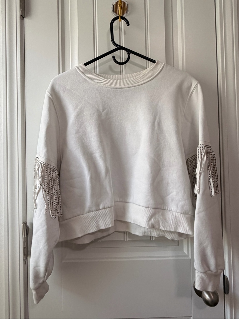 White Crewneck Fringe Sleeve Sweatshirt
